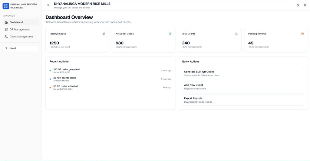 Dhyanalinga Modern Rice Mills - QR & Client Portal